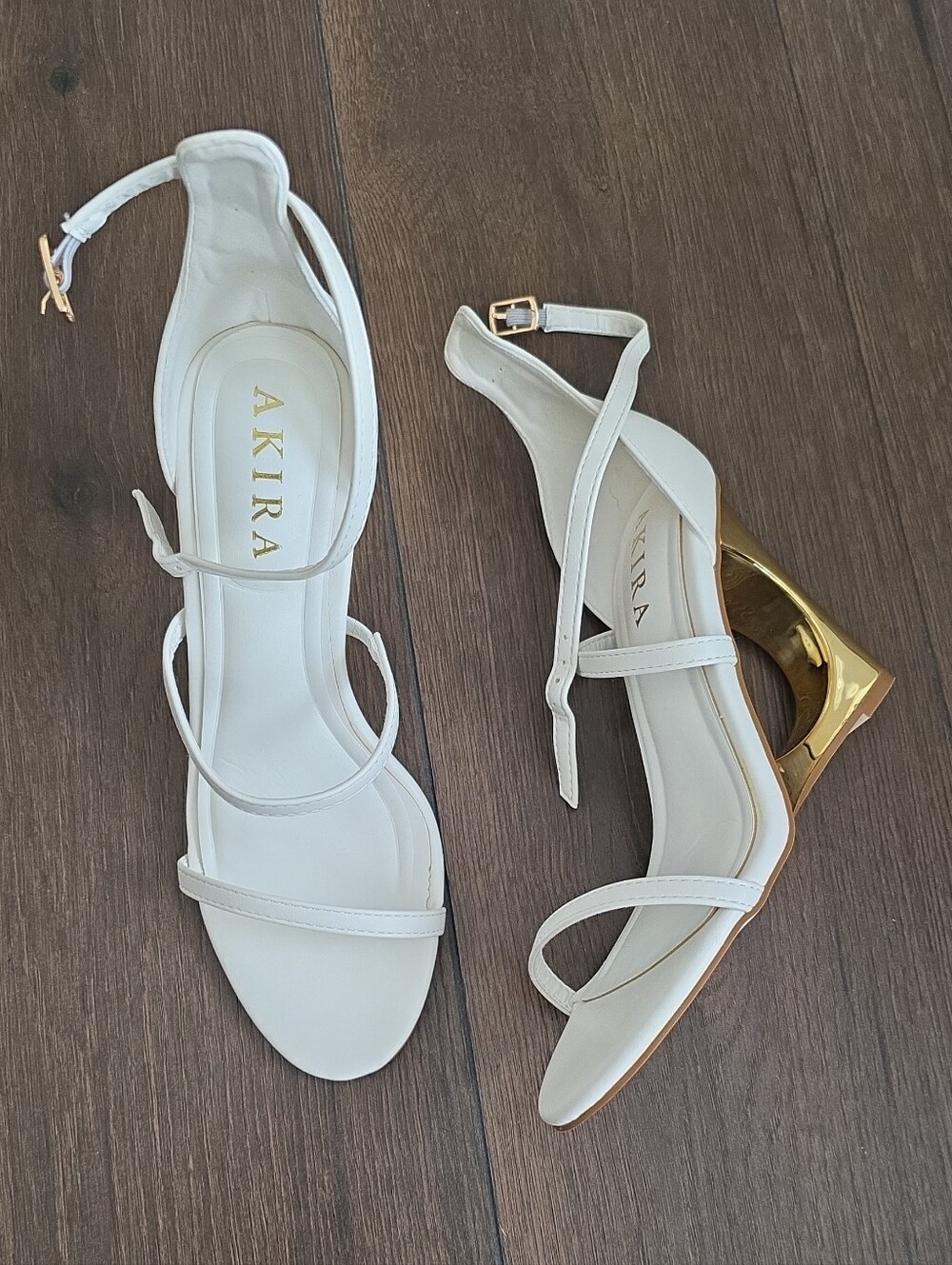 AKIRA White Strappy Slingback Heels with Gold Sculpted Heel